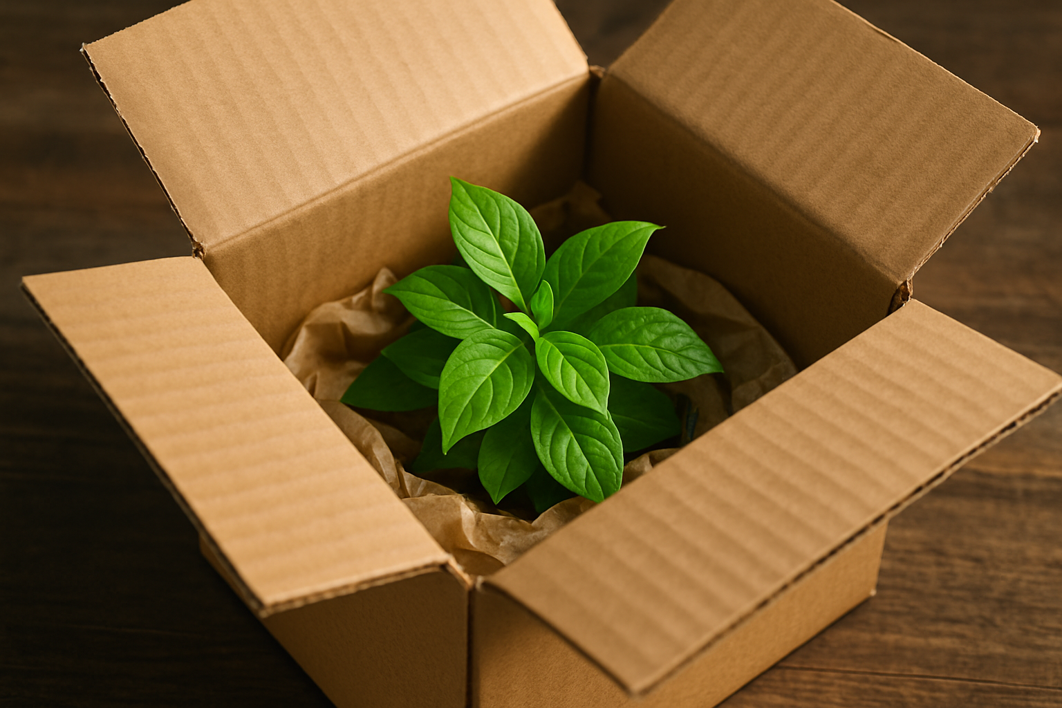 Small green plant inside of a cardboard shipping box